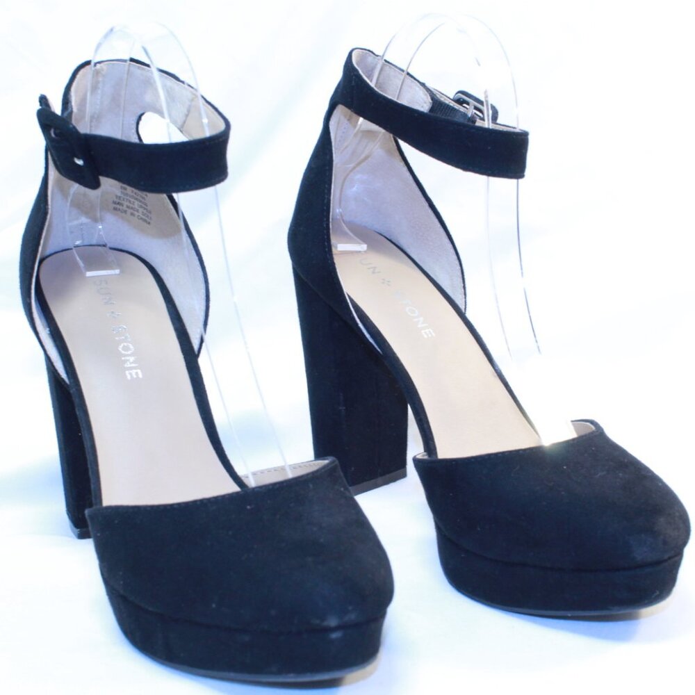 Sun + Stone Size 8M Black Estrella Ankle Strap Block Heel Platform Pumps